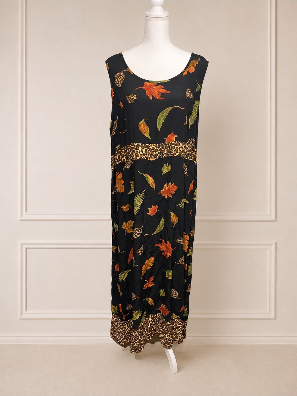 Vintage 90s CLIO 1X Black Autumn Leaf Leopard Print Rayon Maxi Dress Witchy Fall - Picture 2 of 8